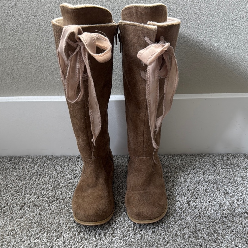 Joyfolie Brown Slouchy Knee-High Boots with Ribbon Detail